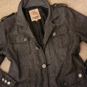 Jacket and Coat in charcoal grey with four pockets and one inside pocket.